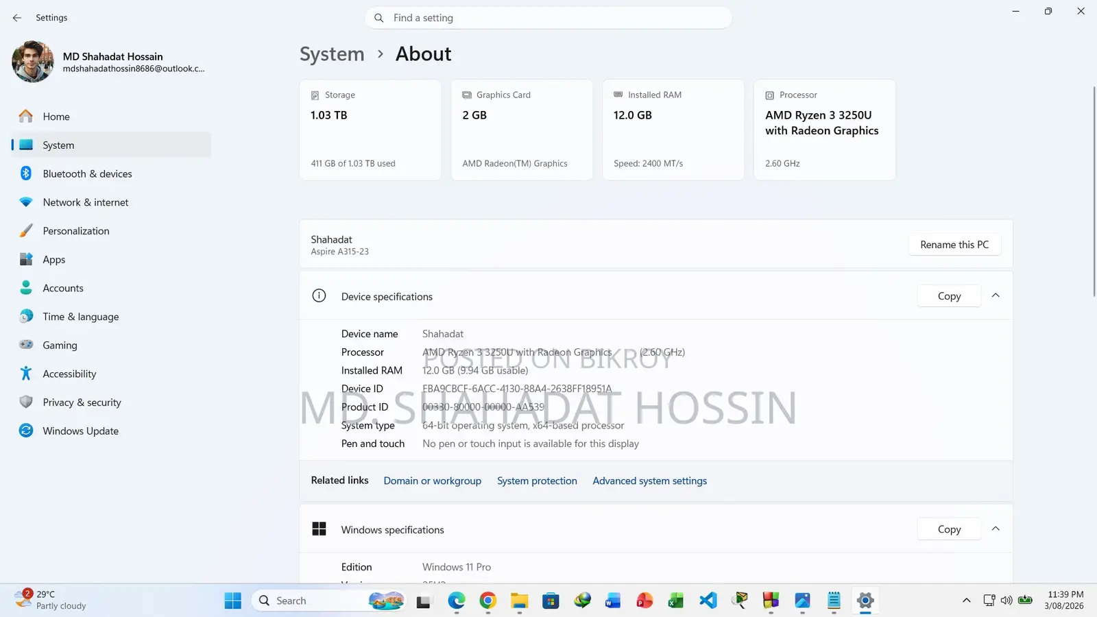 Laptop Acer Aspire 3 12GB AMD Ryzen 3 HDD 1T