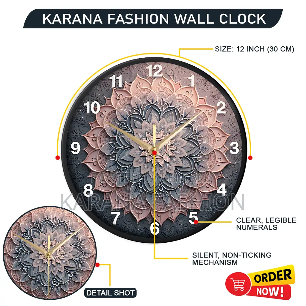 Karana Fashion (KW24) 12-Inch 3D Mandala Art Wall Clock