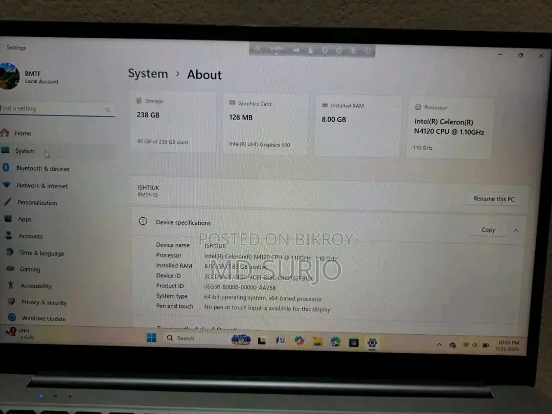 Laptop 8GB Intel Celeron SSD 256GB
