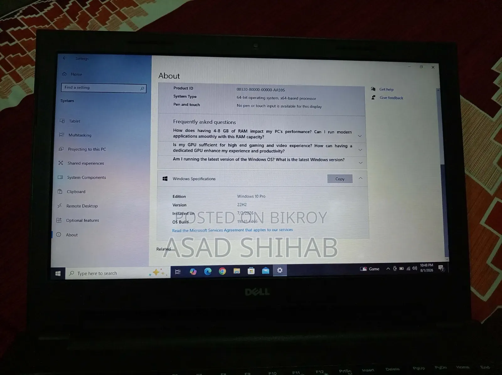 ল্যাপটপ ডেল ইন্সপায়রণ ১৫ ৪জিবি ইন্টল সেলরন এইচডিসি ৫০০জিবি