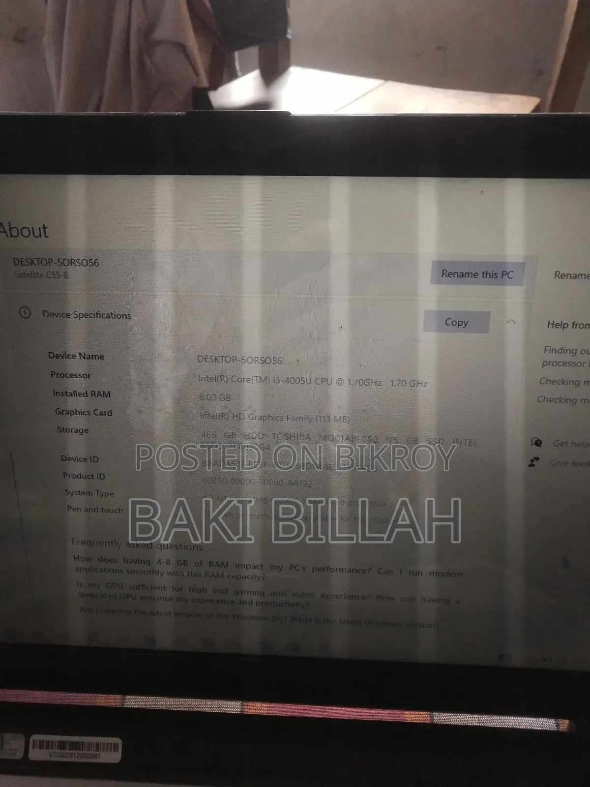 Laptop Toshiba Satellite C55 6GB Intel Core i3 SSD 500GB