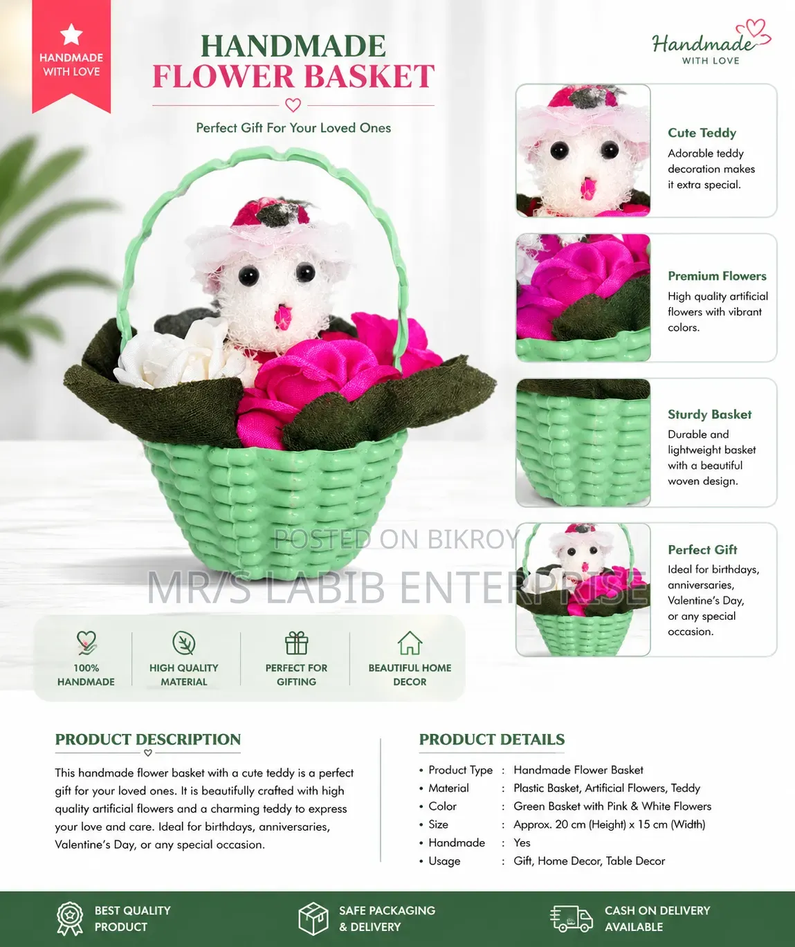 Handmade Decorative Flower Basket With Cute Teddy