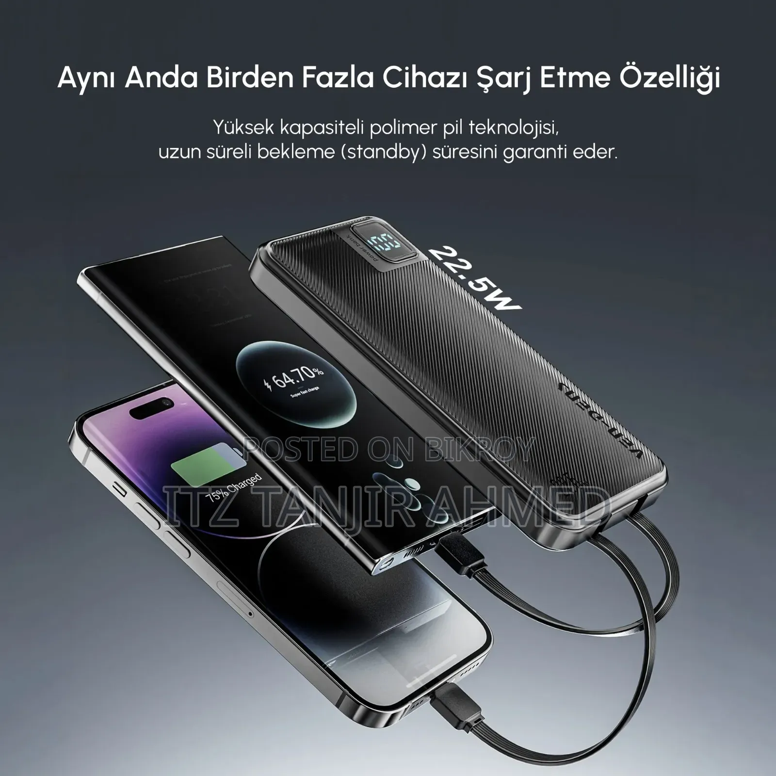 10000mAh Power Bank 22.5W Fast Charging With Cable & LED Display