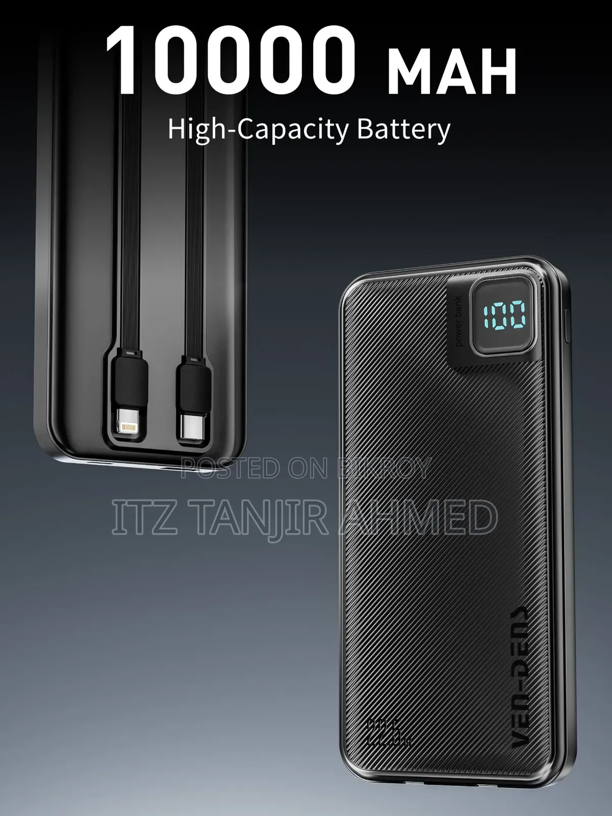 10000mAh Power Bank 22.5W Fast Charging With Cable & LED Display