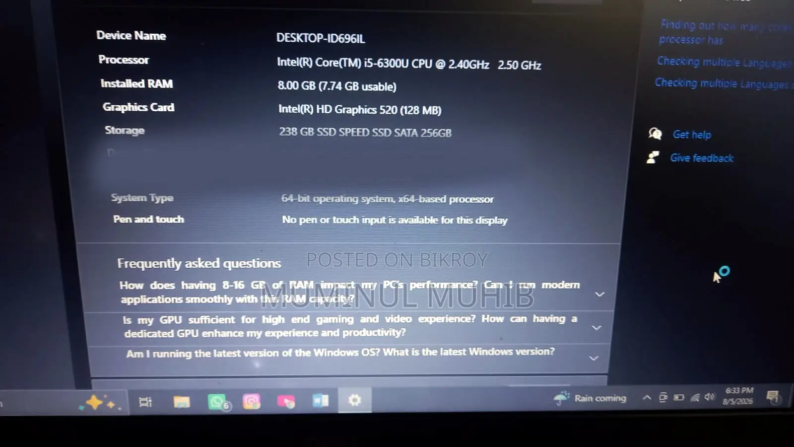 Laptop HP 8GB Intel Core i5 SSD 512GB