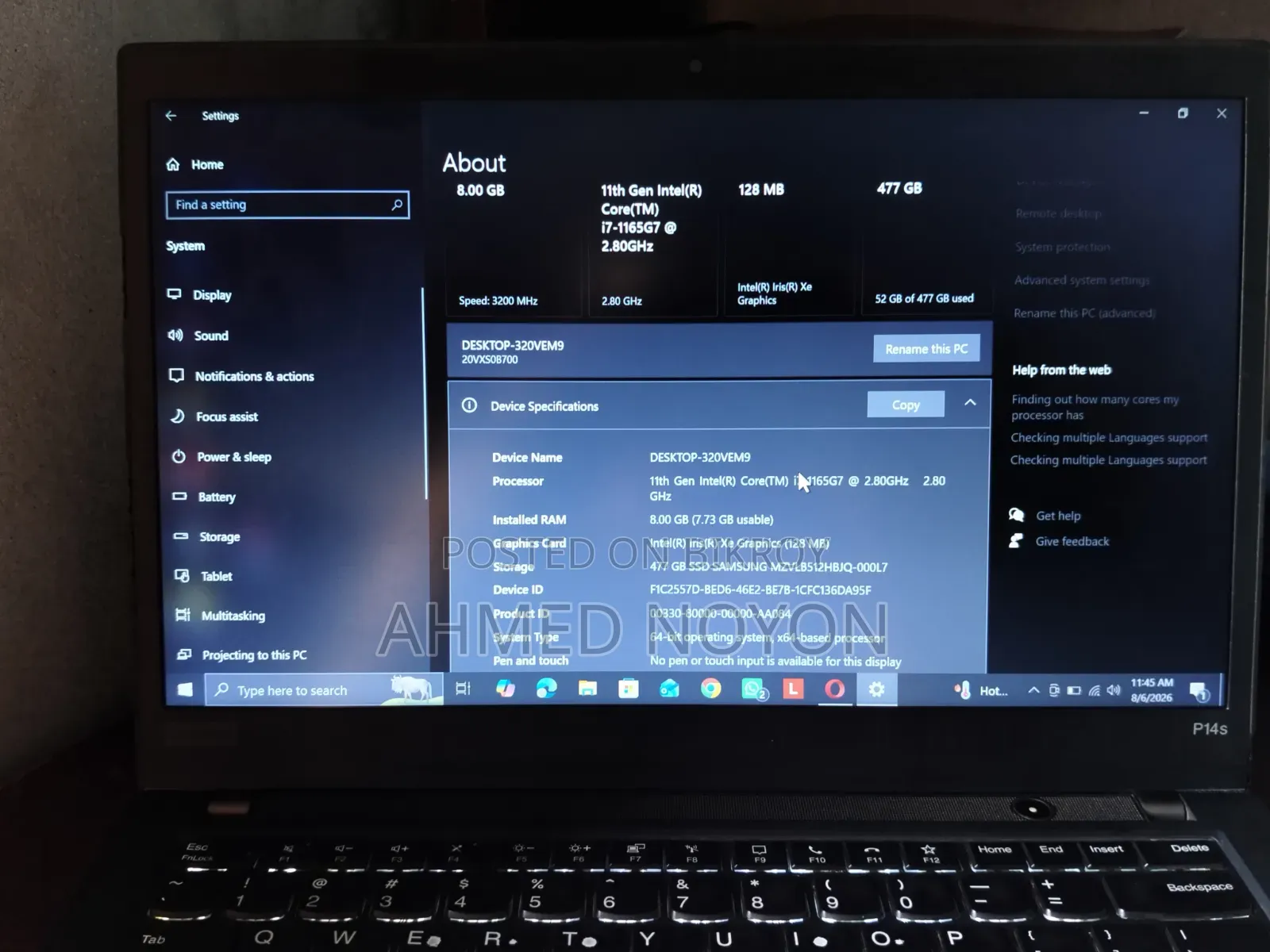 Laptop Lenovo ThinkPad P14s 8GB Intel Core I7 SSD 512GB