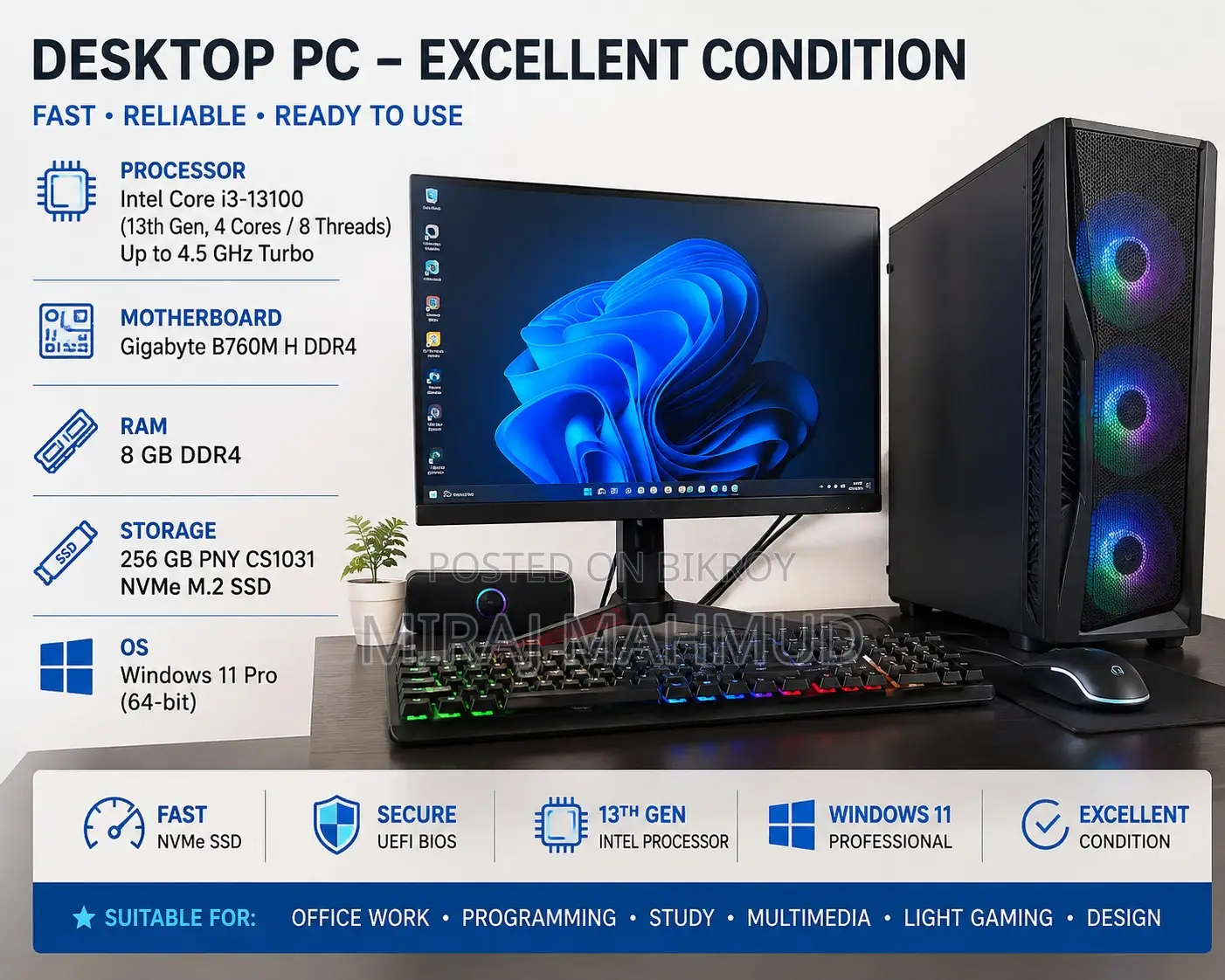 Desktop Computer Gigabyte 8GB Intel Core I3 SSD 256GB