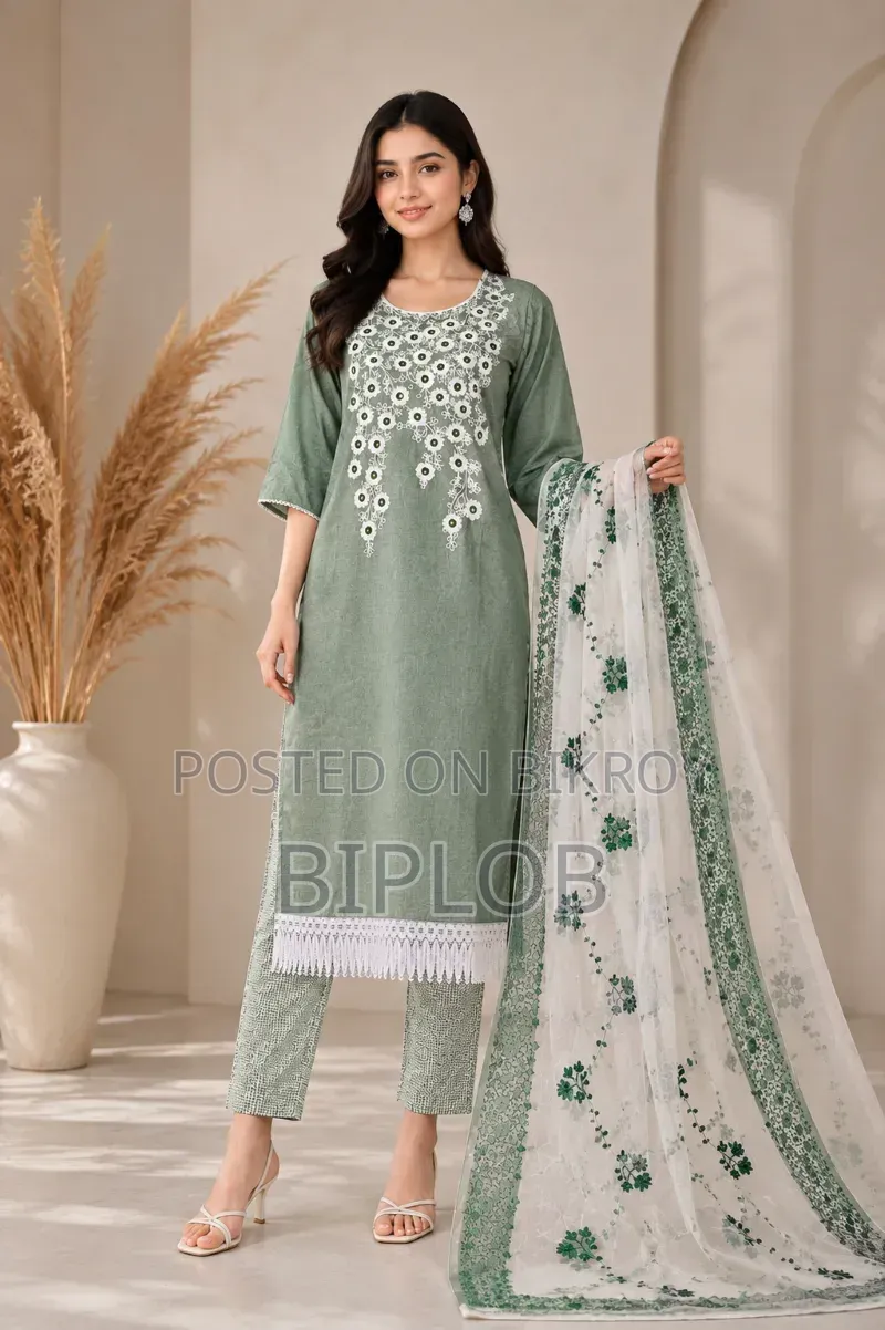 Premium Embroidery Cotton Three Piece | Sage Green | New Collection