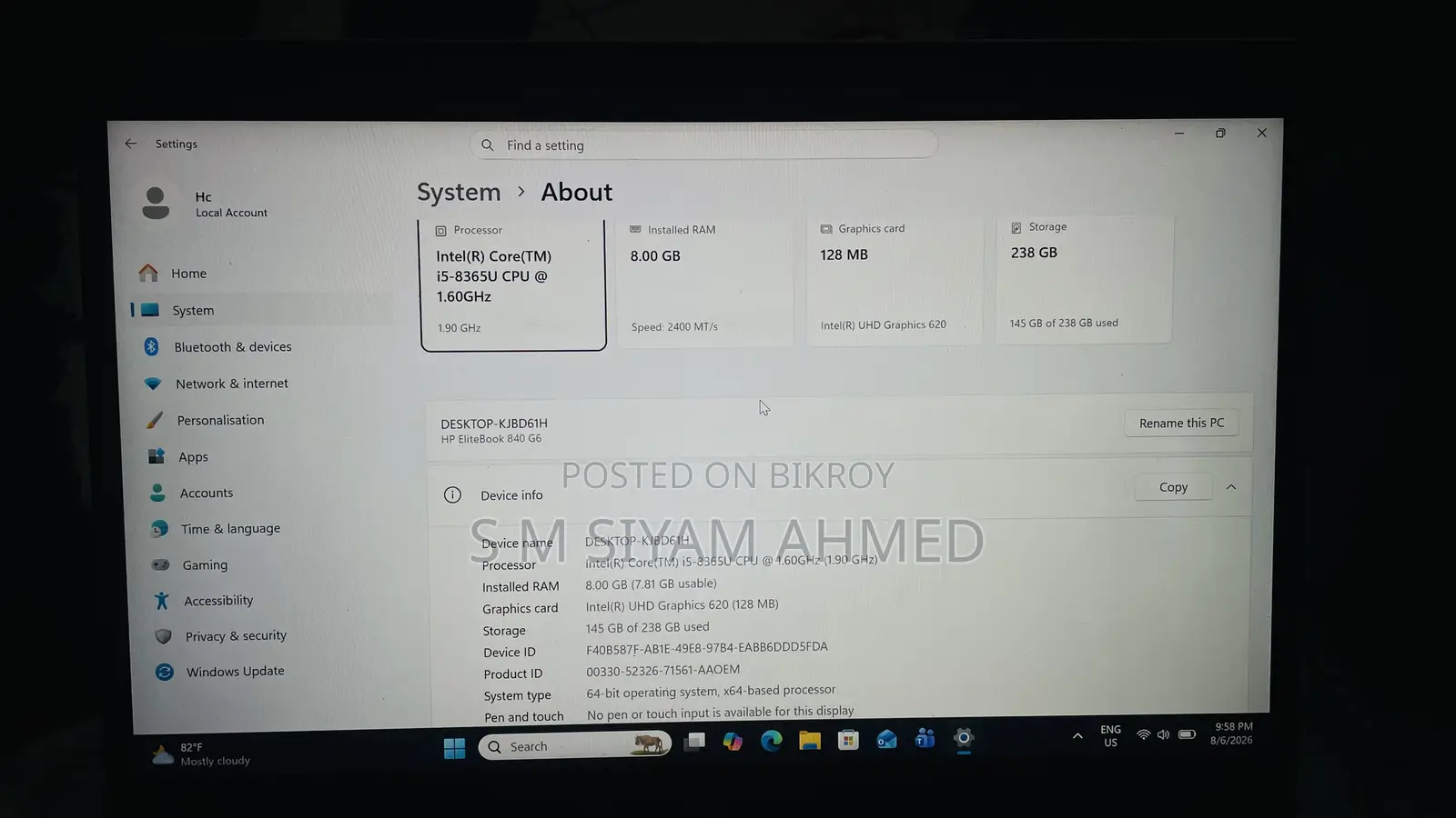 Laptop HP EliteBook 840 G6 8GB Intel Core i5 SSD 256GB