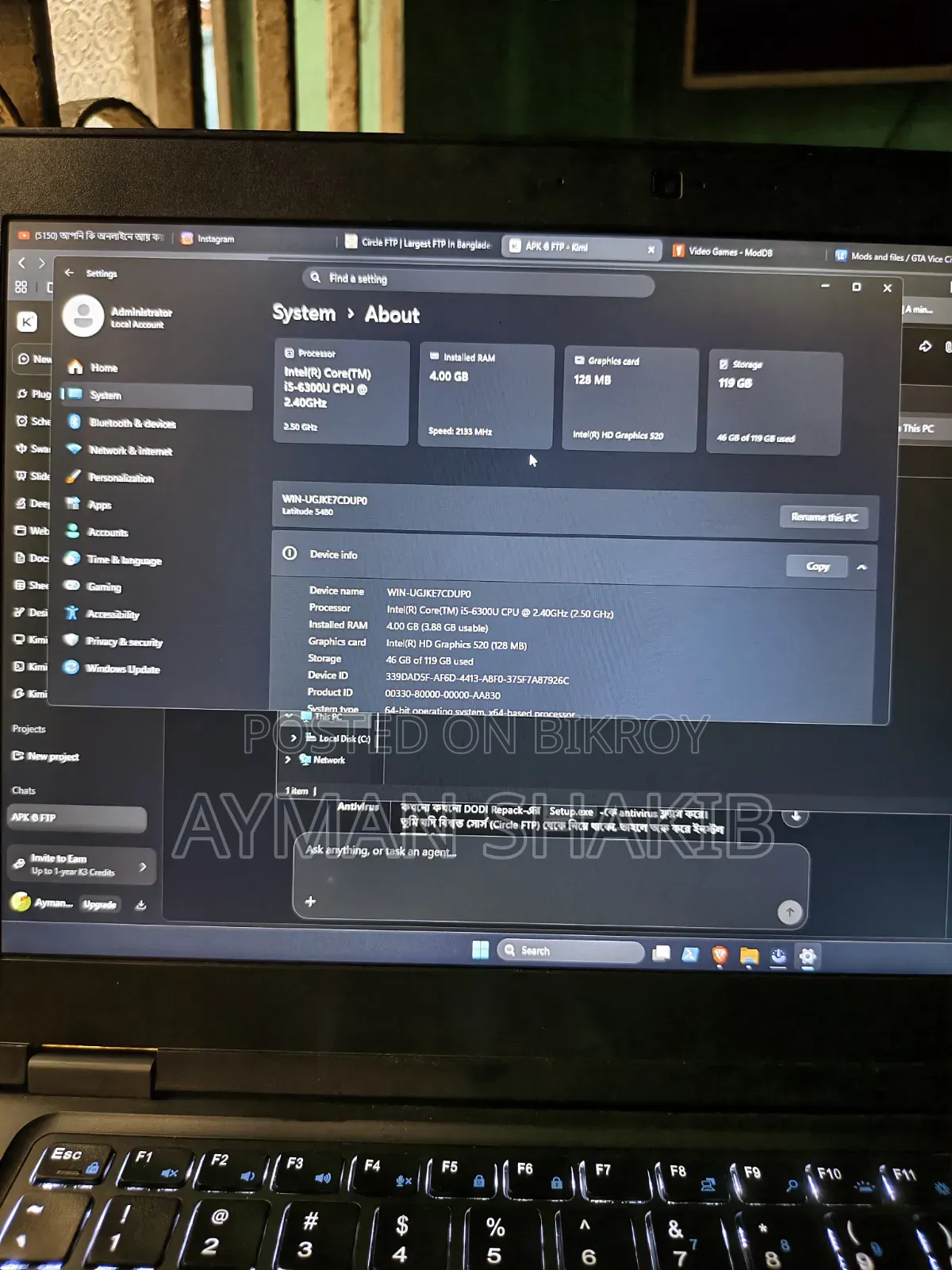 Laptop Dell Latitude 5580 4GB Intel Core i5 SSD 128GB