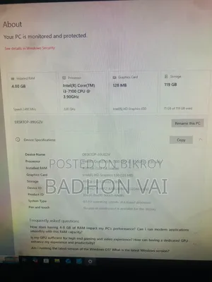 Desktop Computer 4GB Intel Core I3 SSD 128GB