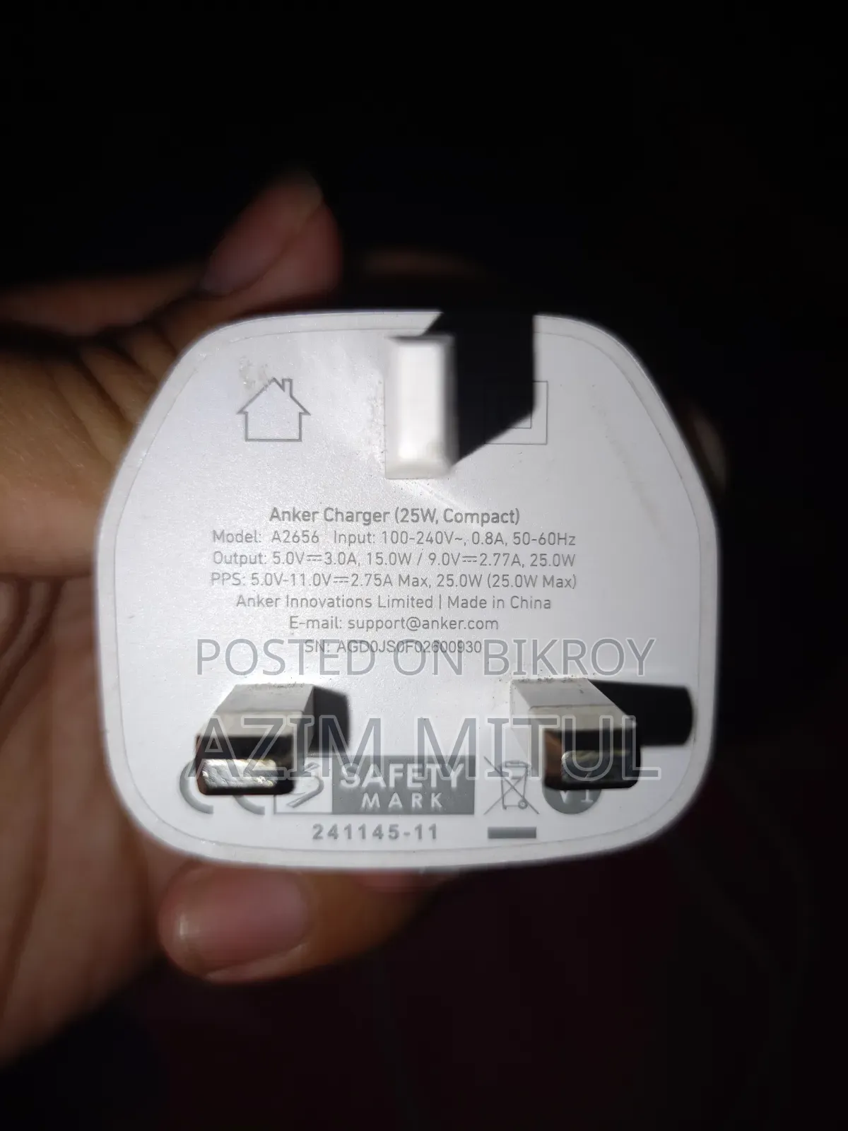 Anker 25W Charger 3-Pin Plug.