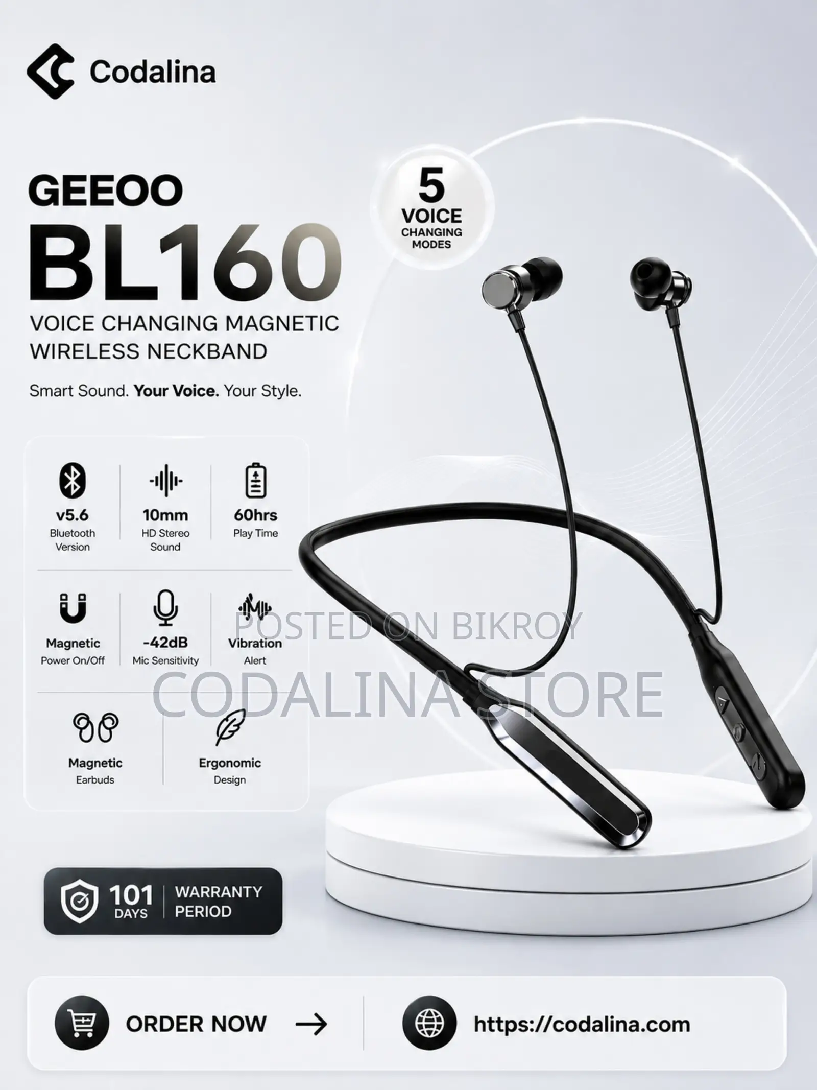 GEEOO BL160 ভয়েস চেঞ্জিং ম্যাগনেটিক নেকব্যান্ড এইচডি স্টেরিও সাউন্ডসহ