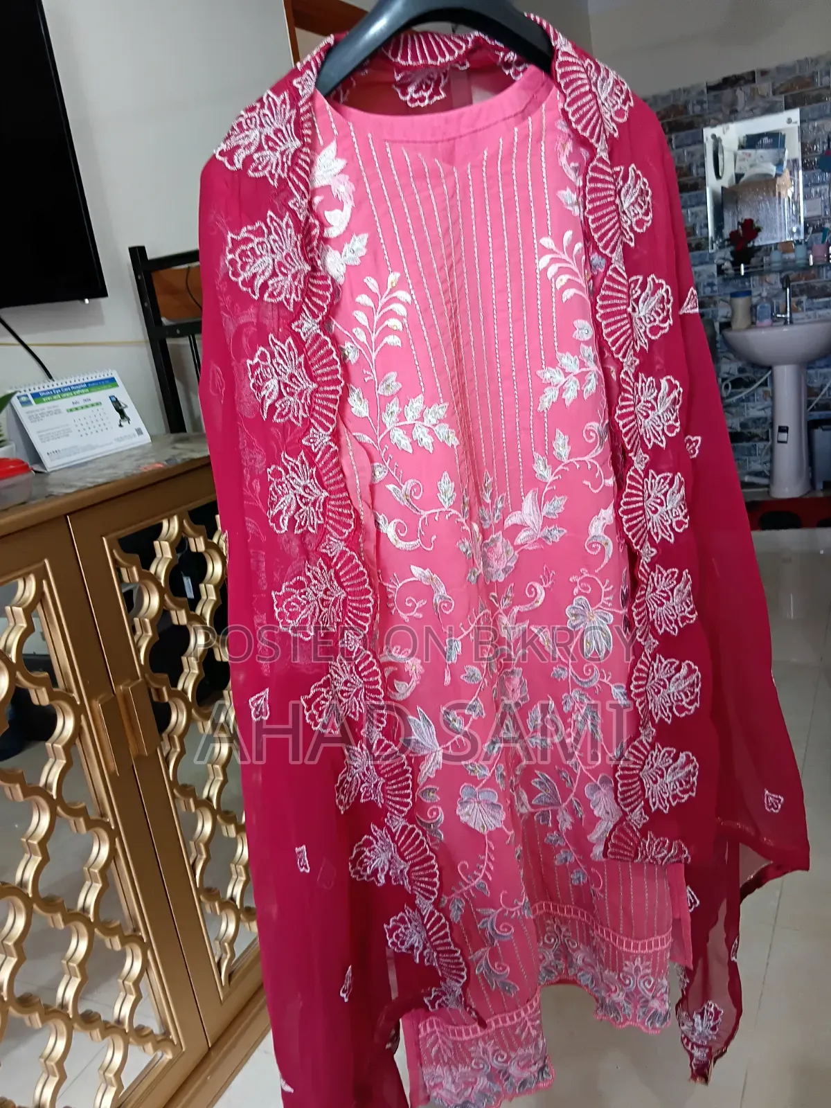 3 Piece, Pink Color Dress & Pants, Maroon Orna