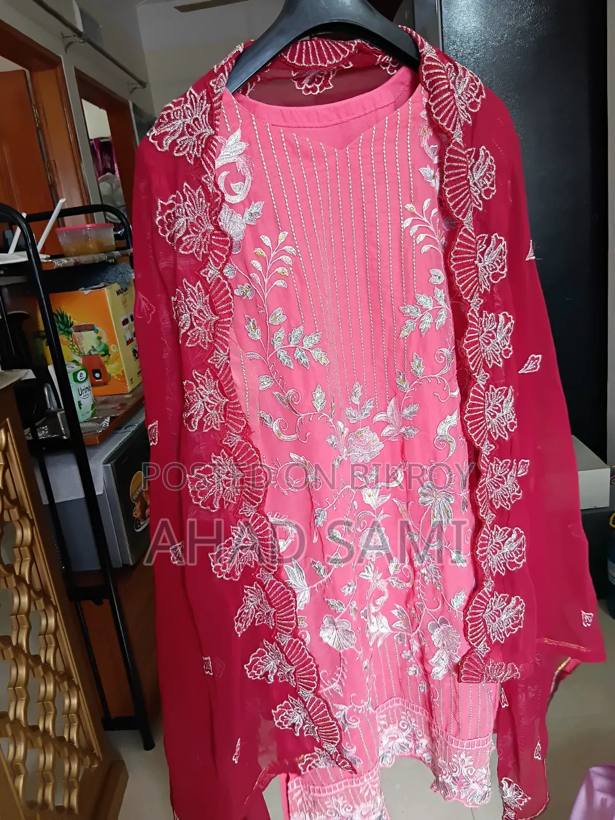 3 Piece, Pink Color Dress & Pants, Maroon Orna