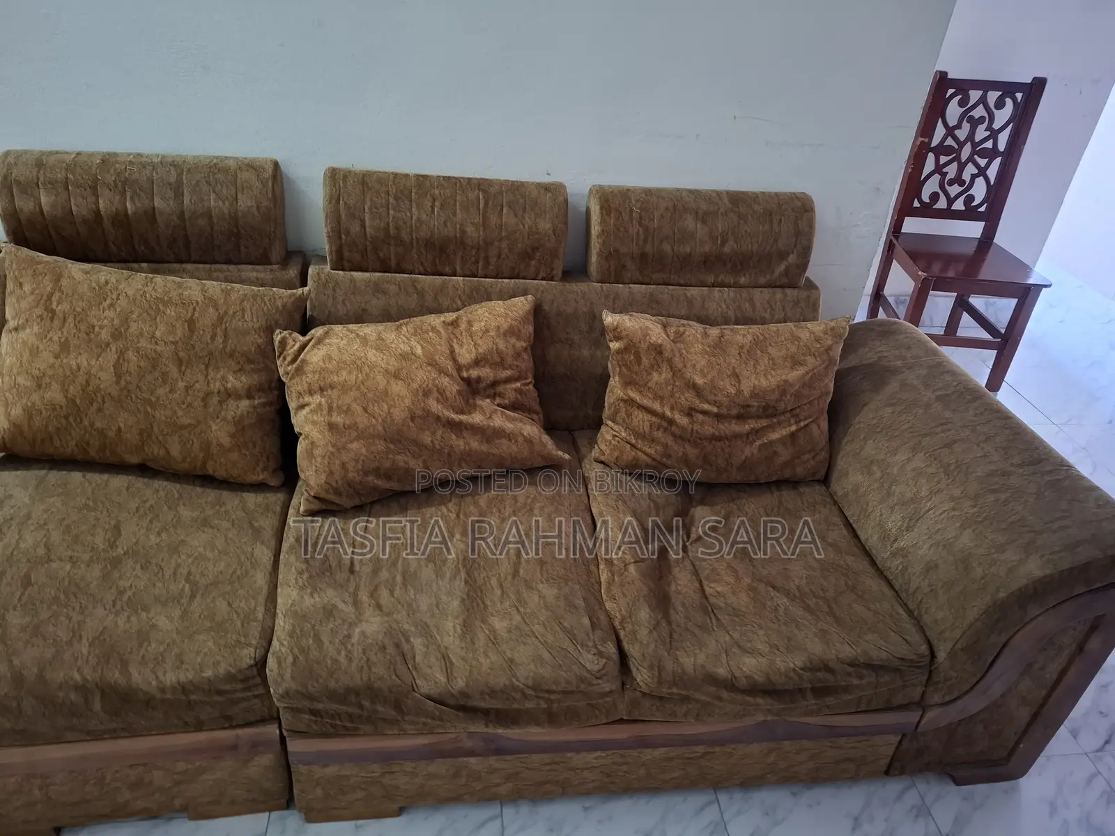 Teak Wood Framed L Shape 6 Seat Sofa