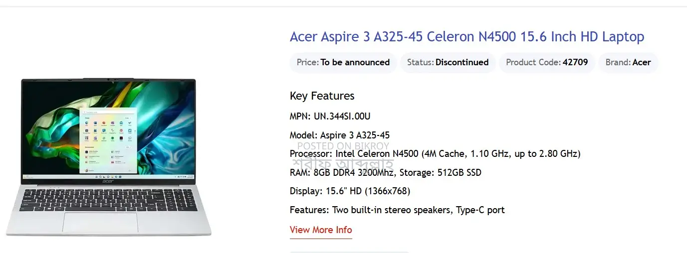 Laptop Acer Aspire 3 8GB Intel Celeron SSD 500GB