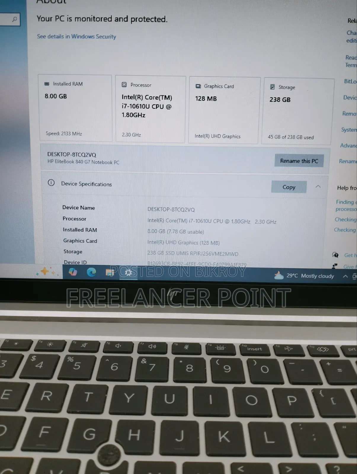 Laptop HP EliteBook 840 G7 8GB Intel Core I7 SSD 256GB