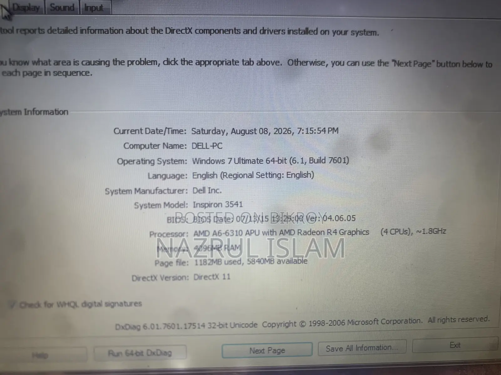 Laptop Dell Inspiron 15 3541 4GB AMD A6 SSD 128GB