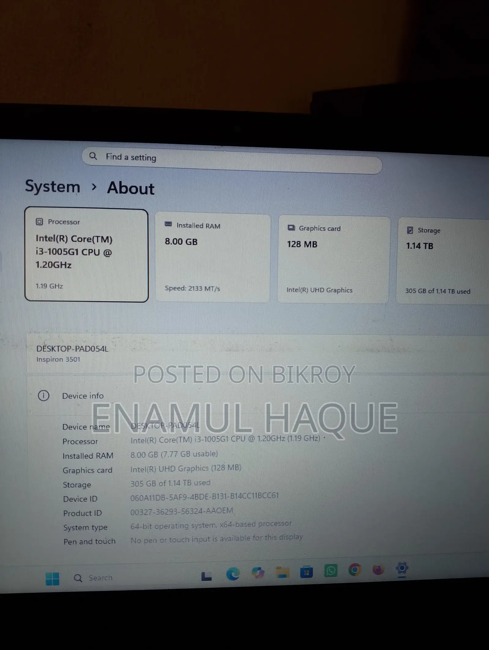 Laptop Dell Inspiron 15 8GB Intel Core i3 HDD+SSD 1TB