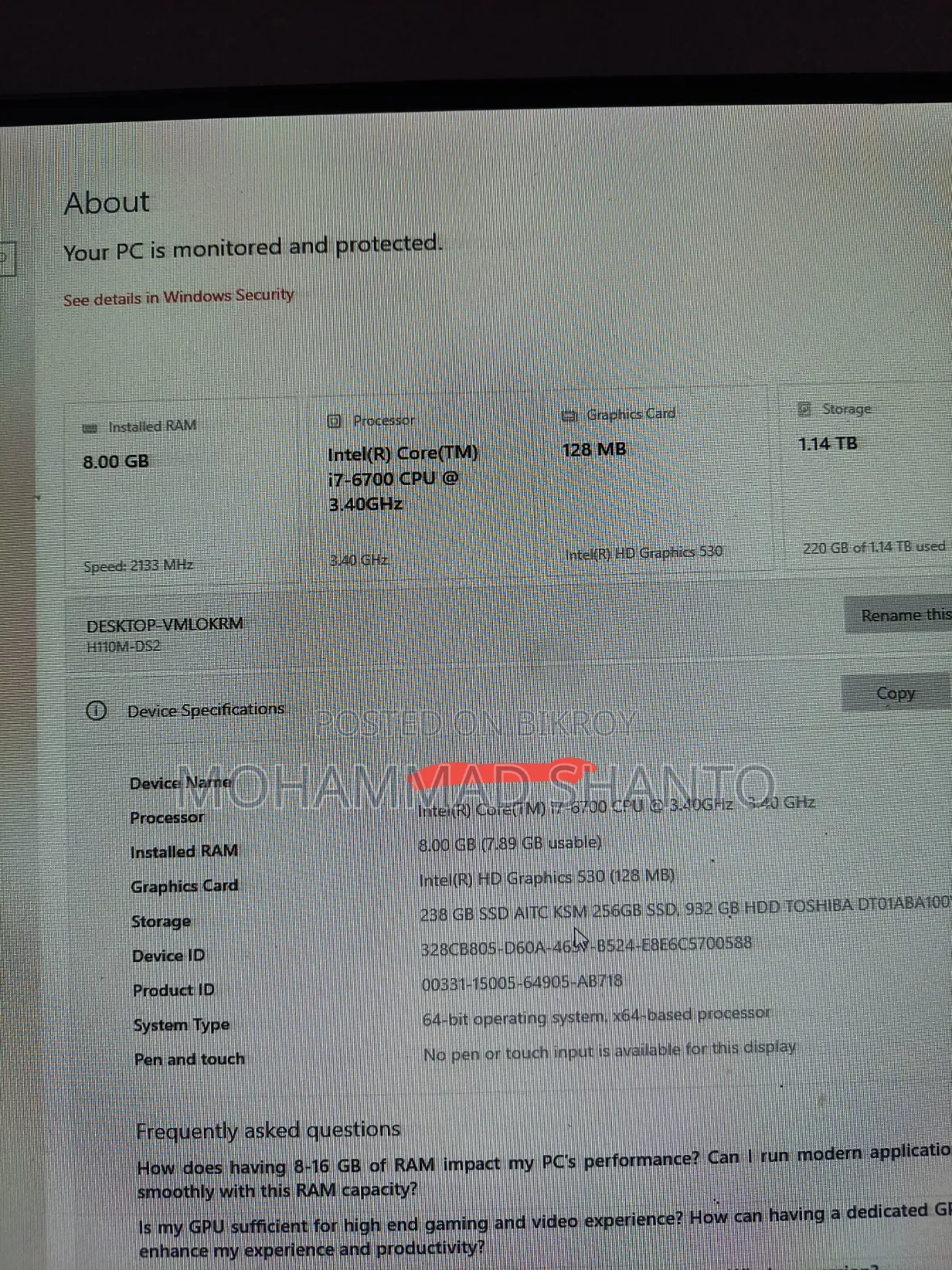 Desktop Computer Gigabyte 8GB Intel Core I7 HDD+SSD 1T