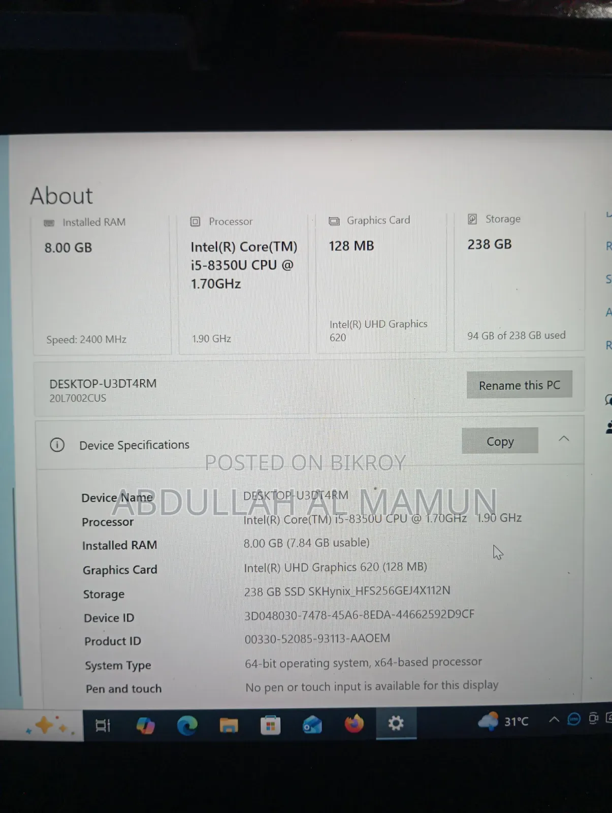 Laptop Lenovo ThinkPad T480s 8GB RAM Intel Core i5 Solid State Drive 256GB