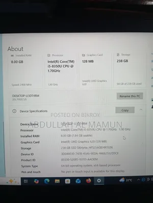 Laptop Lenovo ThinkPad T480s 8GB RAM Intel Core i5 Solid State Drive 256GB