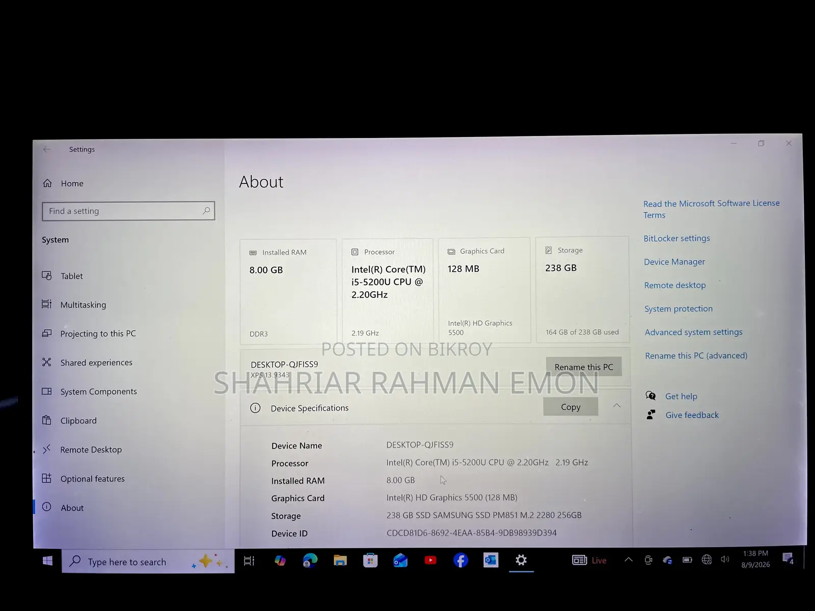 Laptop Dell XPS 13 8GB Intel Core i5 SSD 256GB