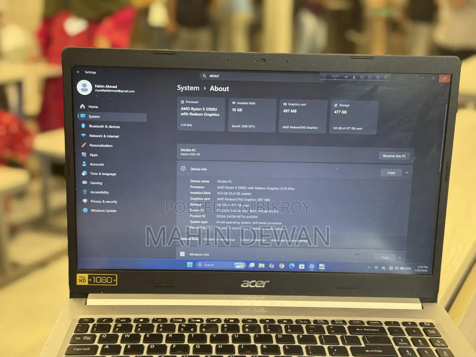 Laptop Acer Aspire 5 16GB AMD Ryzen 5 SSD 512GB