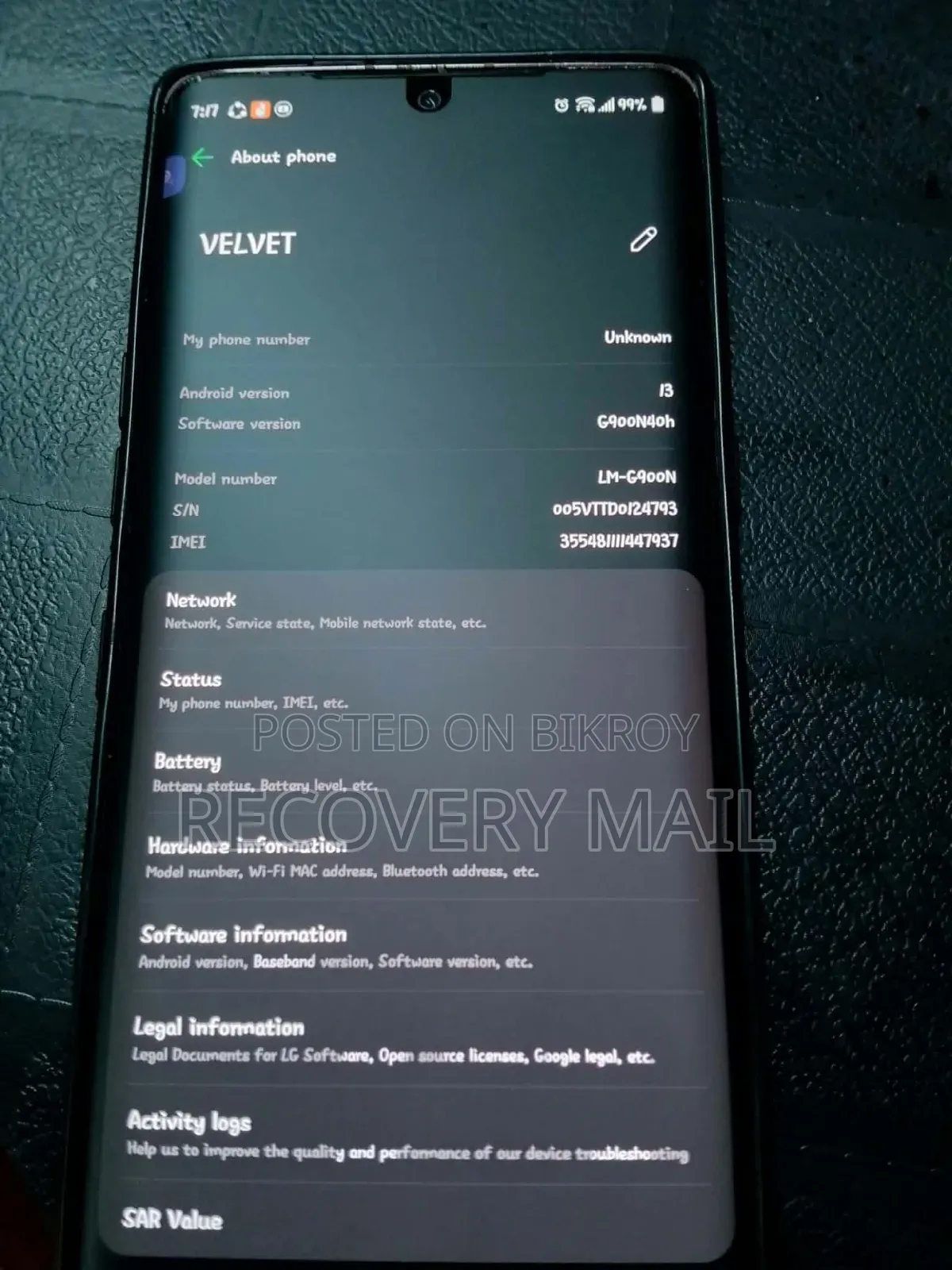 LG Velvet 128 GB Blue